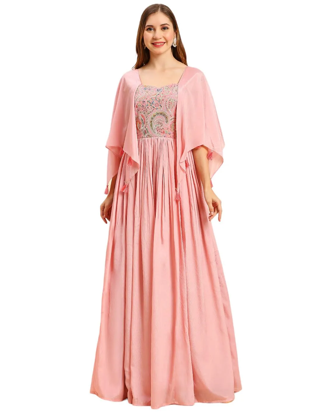 Madhuram Women's Chinon Gown for Women Ethnic with Embroidery Work Long Gown(M-2456 Baby Pink_Small)