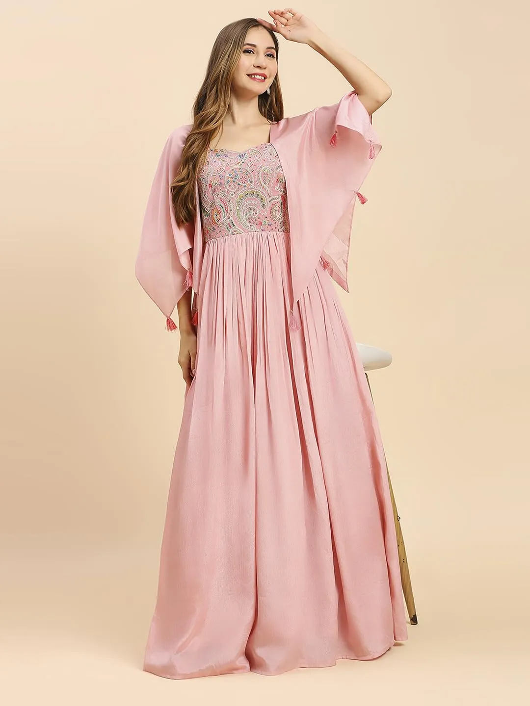 Madhuram Women's Chinon Gown for Women Ethnic with Embroidery Work Long Gown(M-2456 Baby Pink_Small)