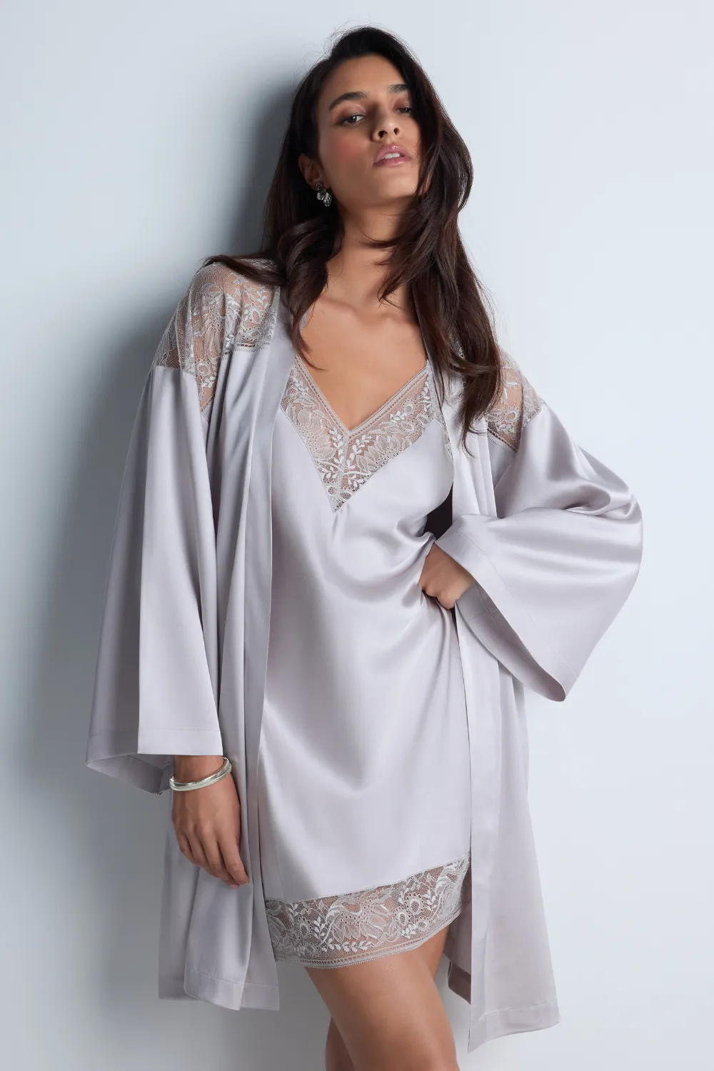 Midnight Whisper Silk Kimono in Cosmos Silver