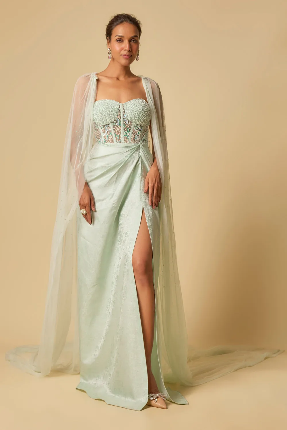 Mint Brocade Embroidered Corset Drape Gown With Cape