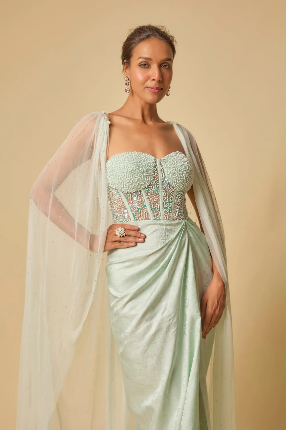 Mint Brocade Embroidered Corset Drape Gown With Cape