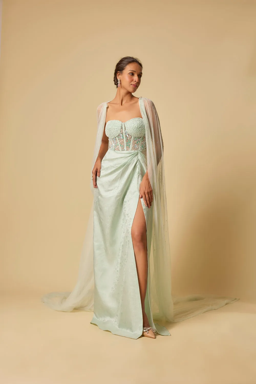 Mint Brocade Embroidered Corset Drape Gown With Cape