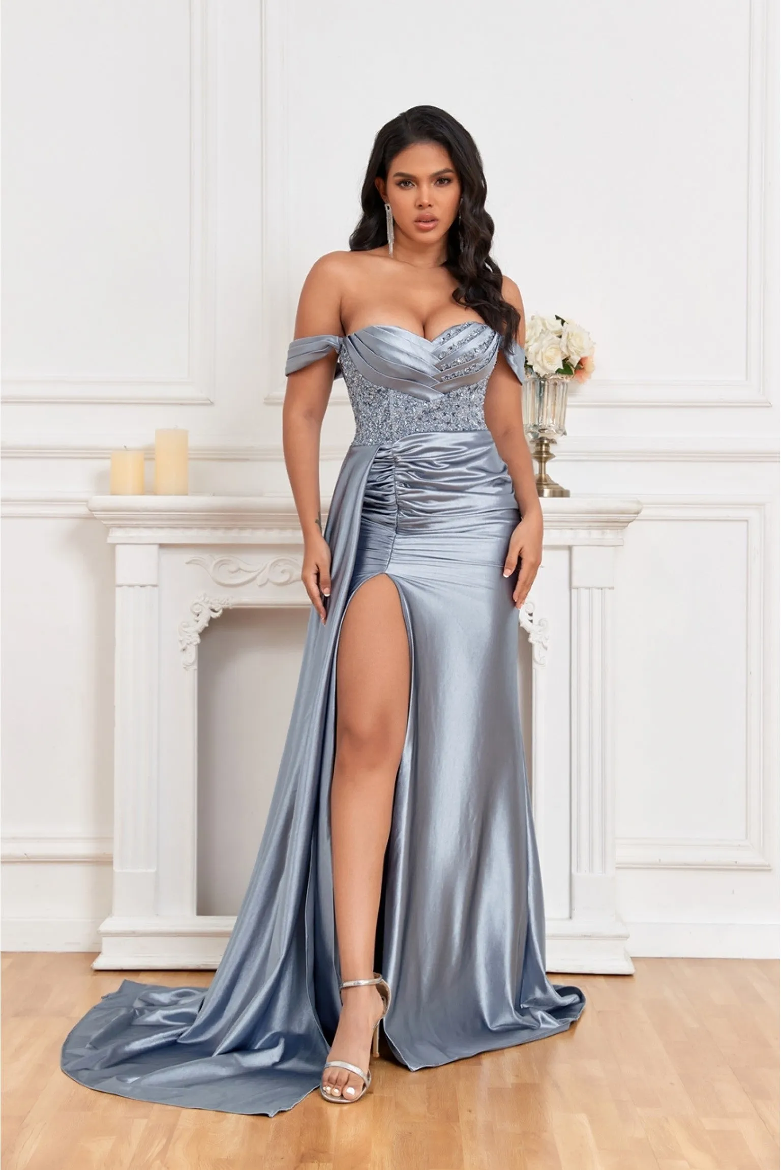 MJ1008 Couture fitted elegant evening dress with off shoulder and drape