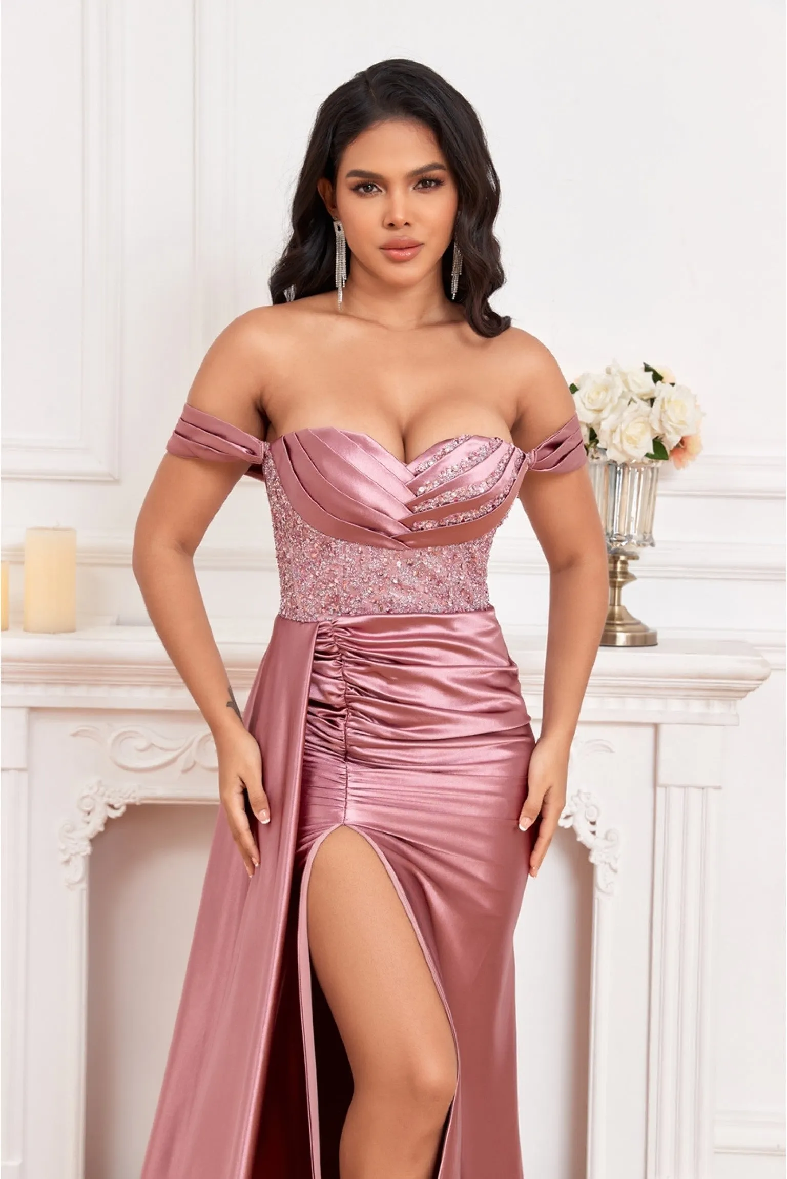 MJ1008 Couture fitted elegant evening dress with off shoulder and drape