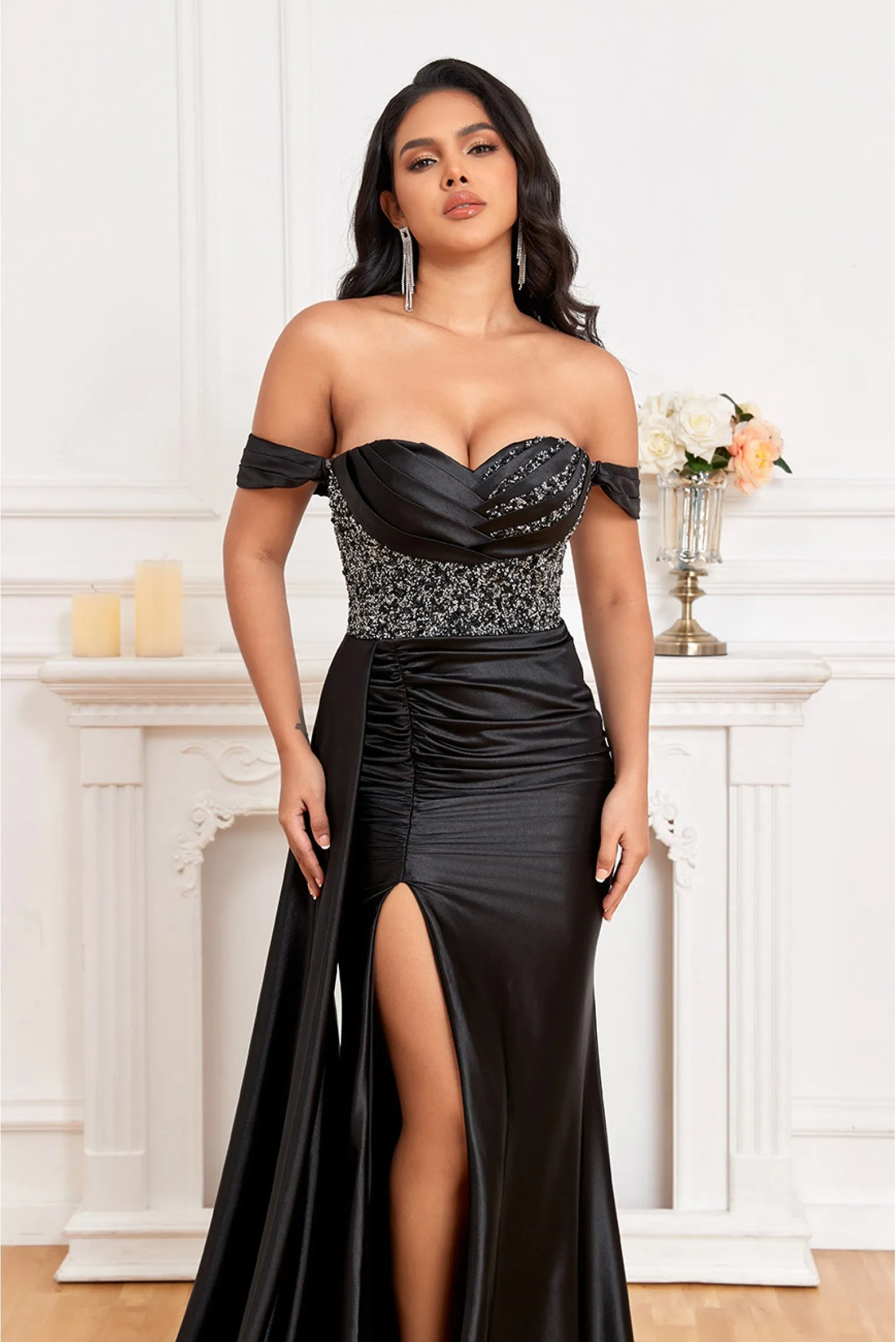 MJ1008 Couture fitted elegant evening dress with off shoulder and drape