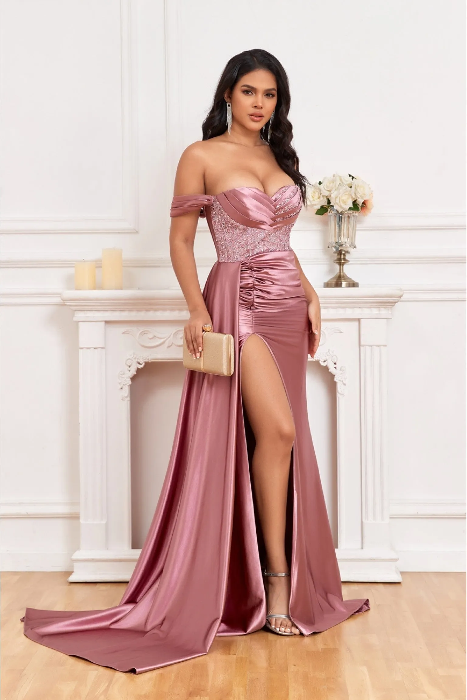 MJ1008 Couture fitted elegant evening dress with off shoulder and drape