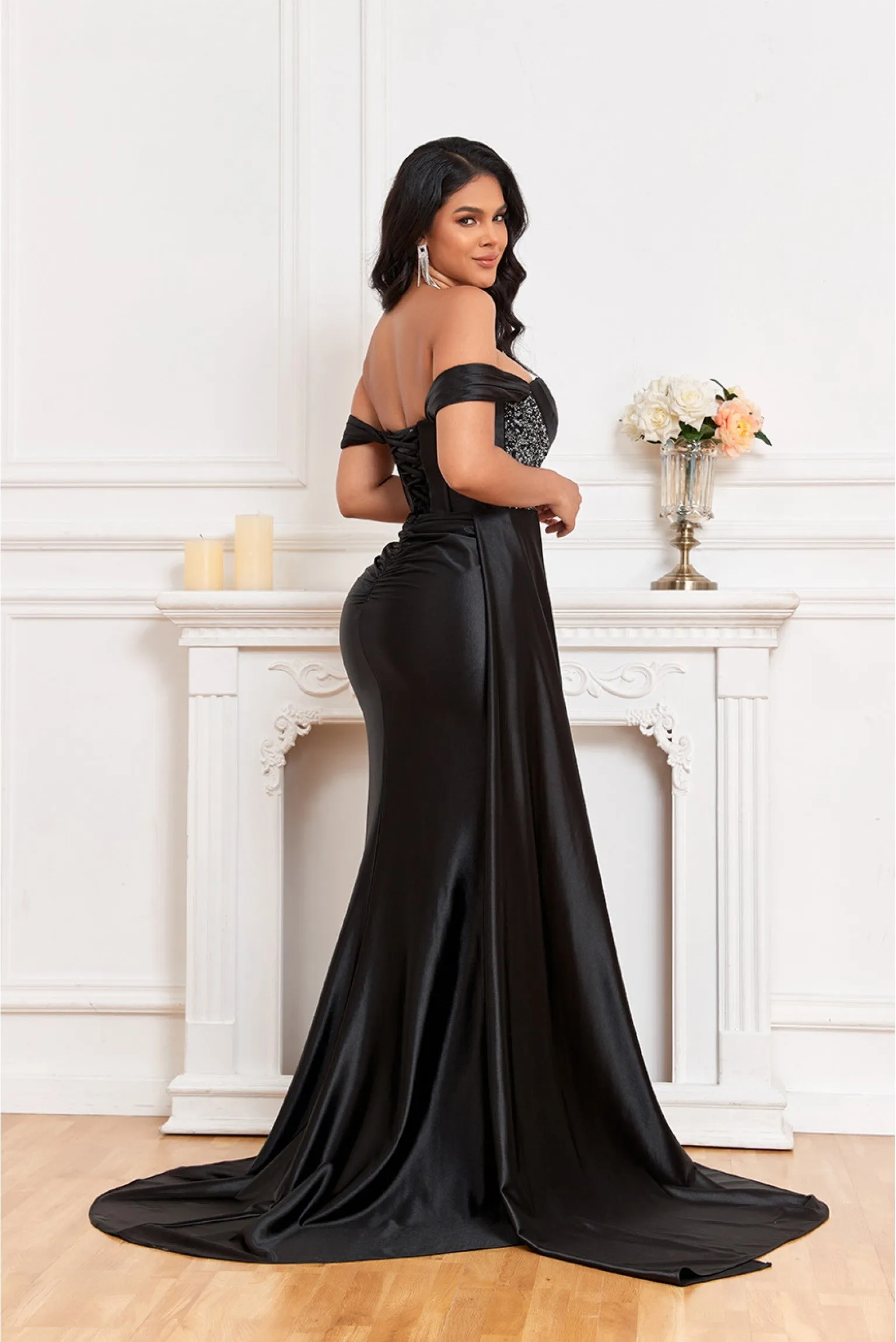 MJ1008 Couture fitted elegant evening dress with off shoulder and drape