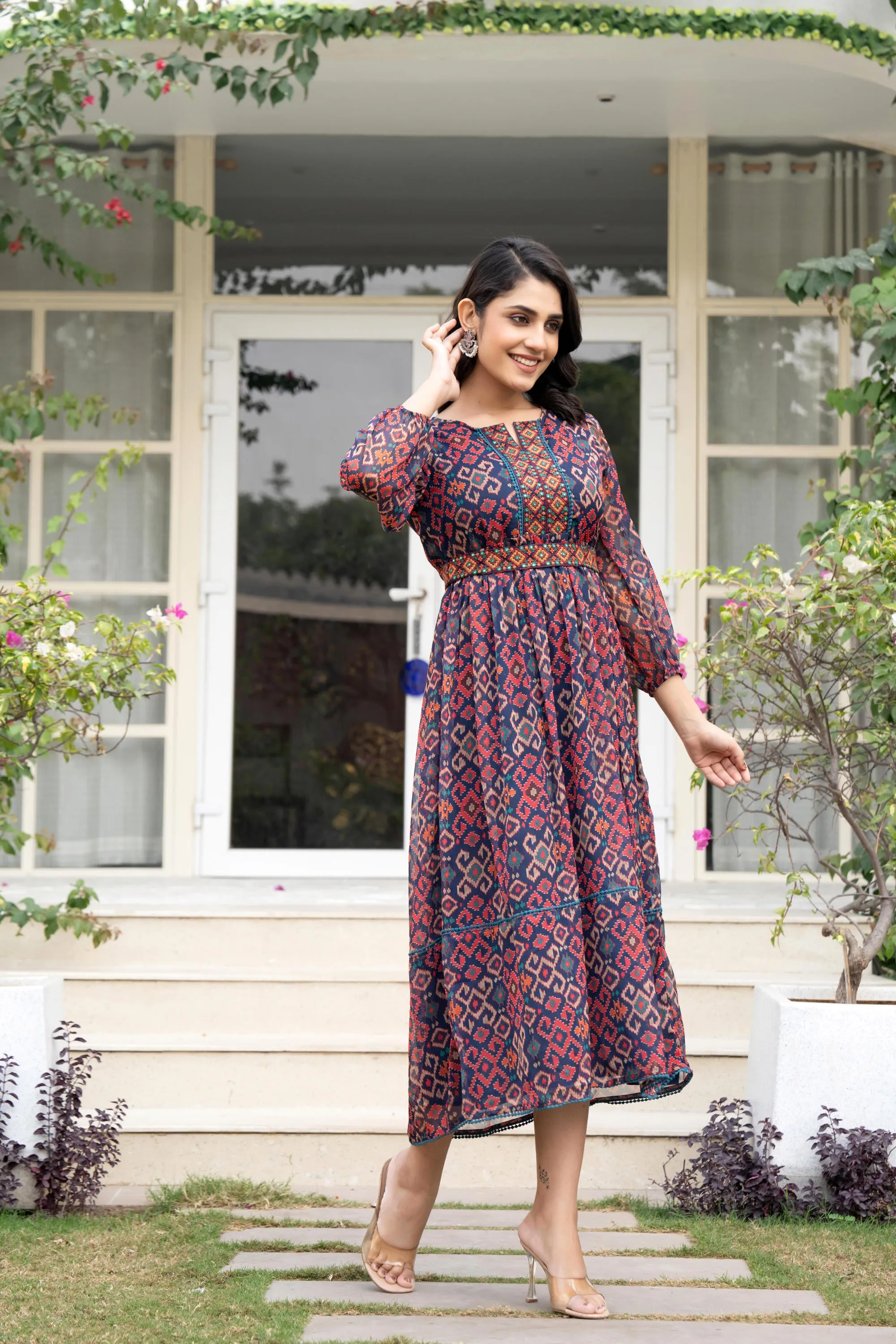 Multi Color Ikat Printed Chiffon Dress With Mirror & Thread Work