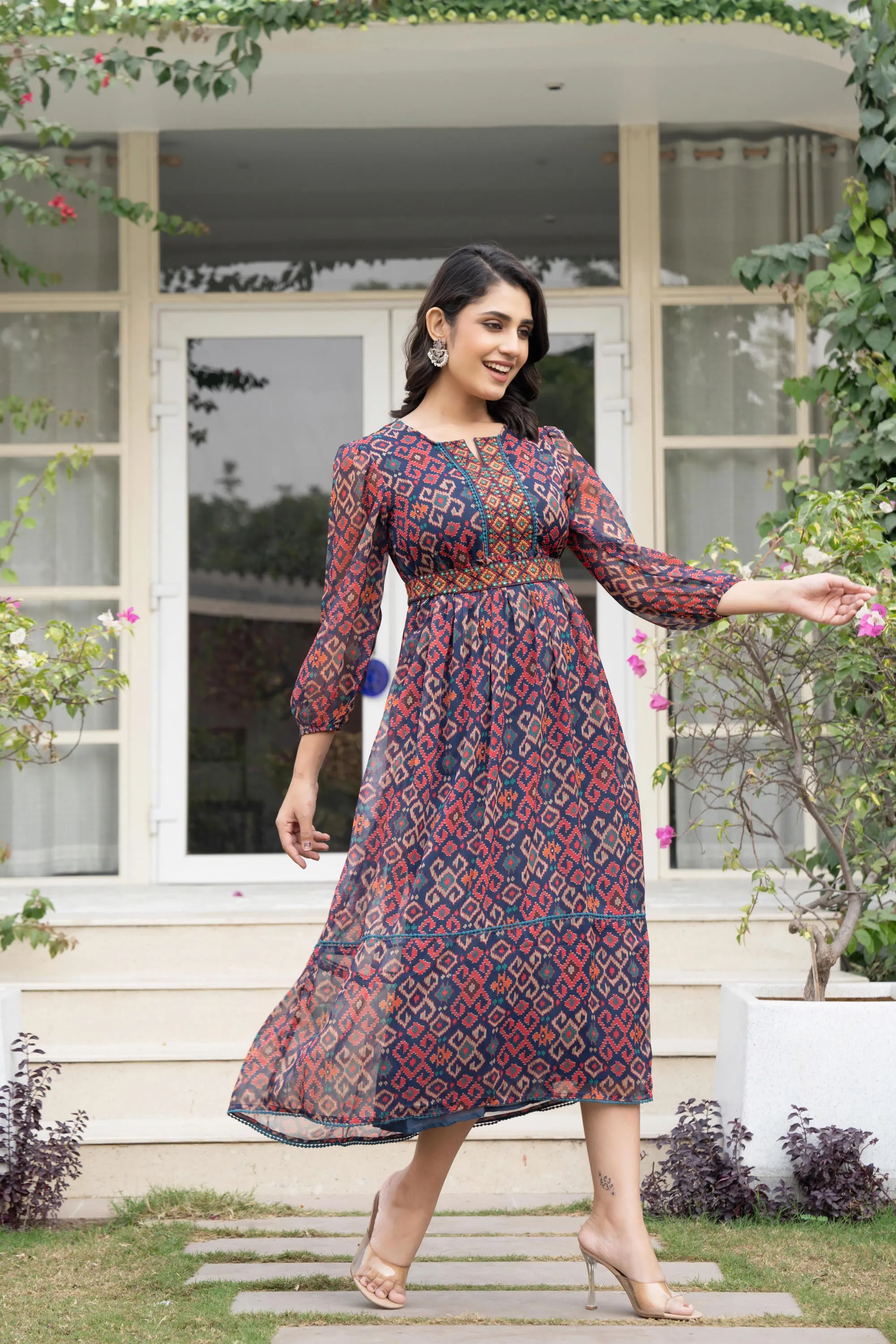 Multi Color Ikat Printed Chiffon Dress With Mirror & Thread Work