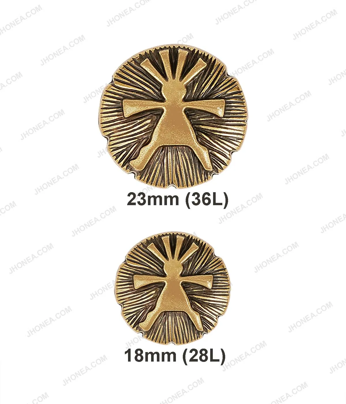 Mythic Inspired Ancient Gold Engraved Doll Design Metal Buttons