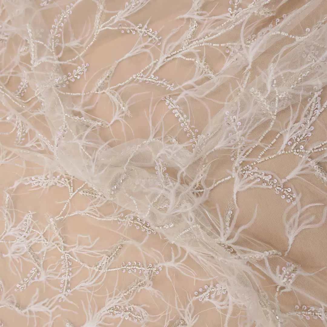 Off White Abstract Embroidered Tulle Fabric