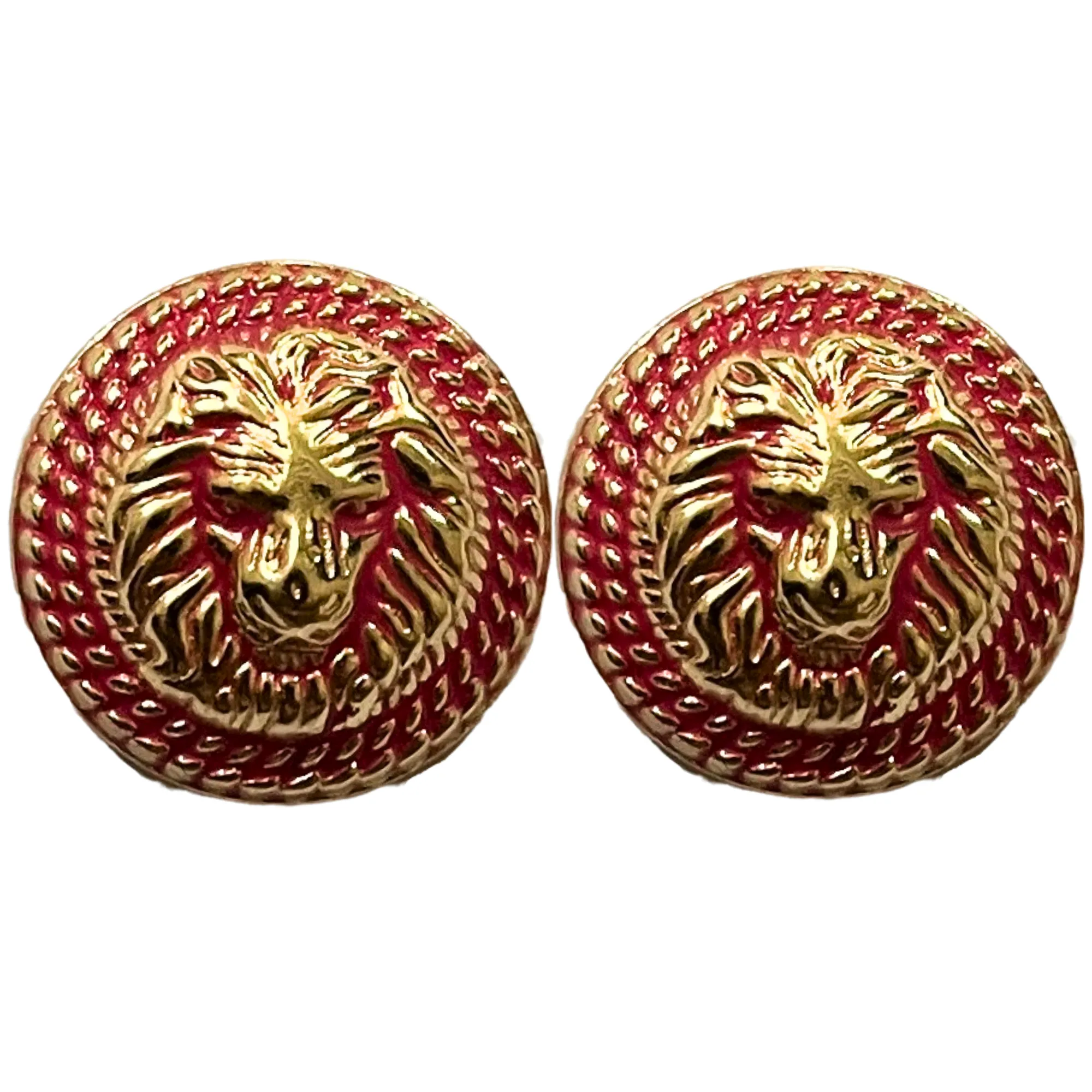 Pink & Golden Fearless Lion Face Shaped Round 1 Hole Metal Buttons