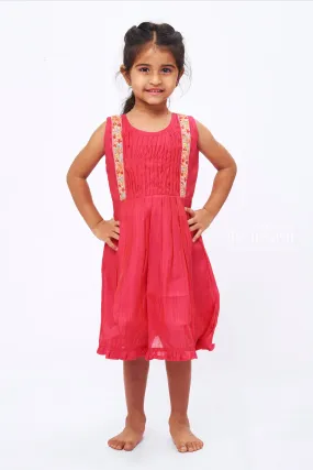 Pink Blossom Girls Cotton Frock: Floral Embroidery & Pleated Design