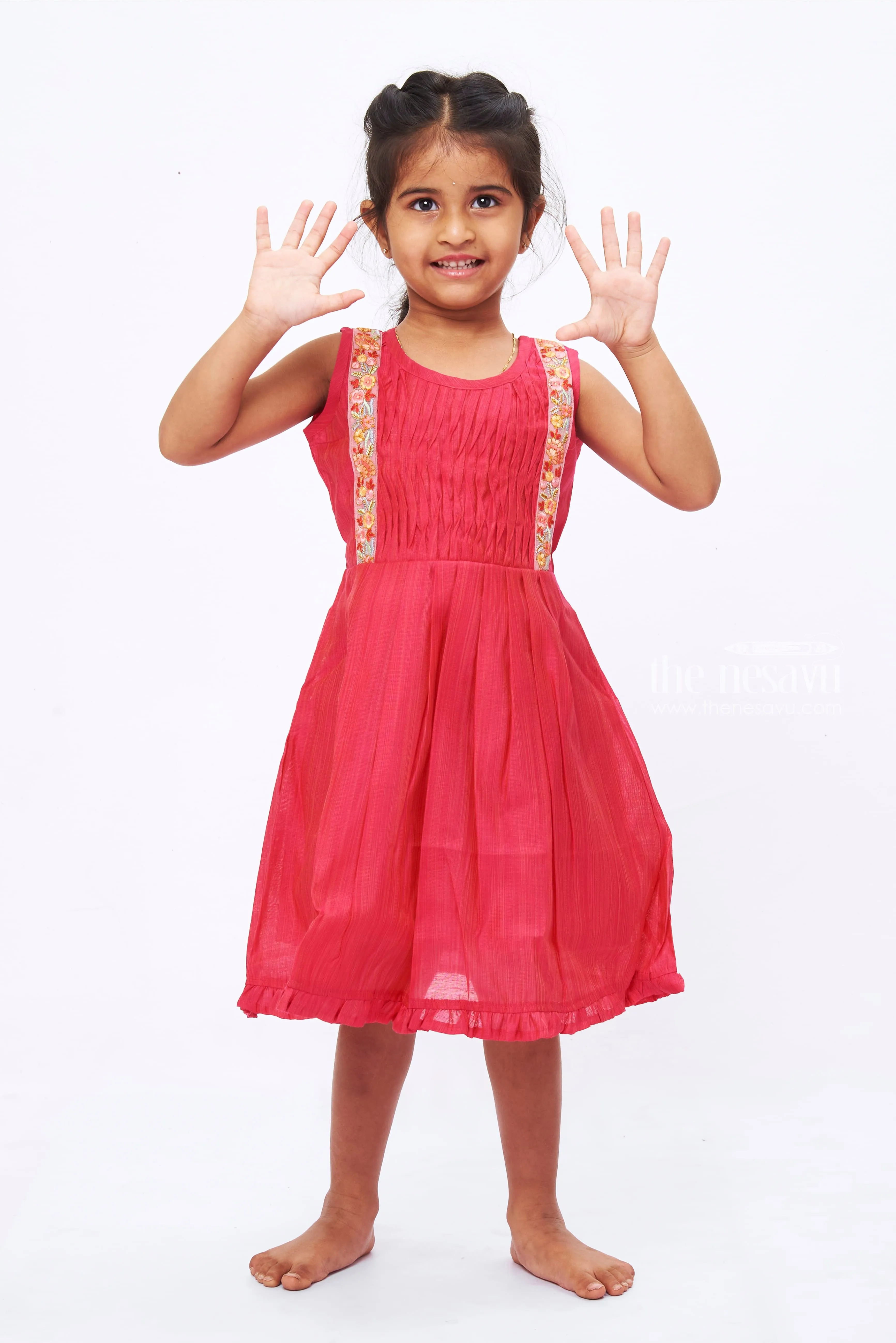 Pink Blossom Girls Cotton Frock: Floral Embroidery & Pleated Design