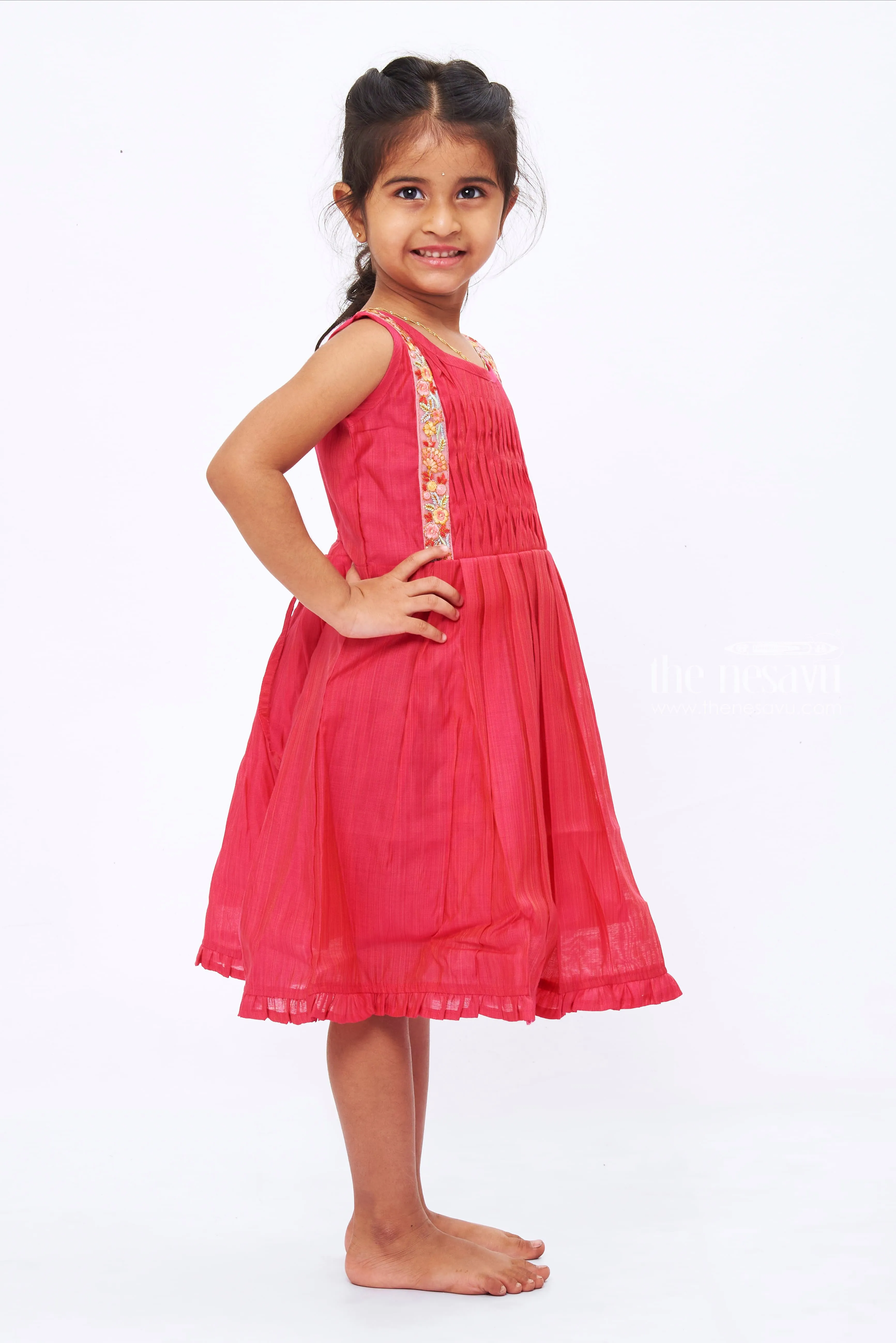 Pink Blossom Girls Cotton Frock: Floral Embroidery & Pleated Design