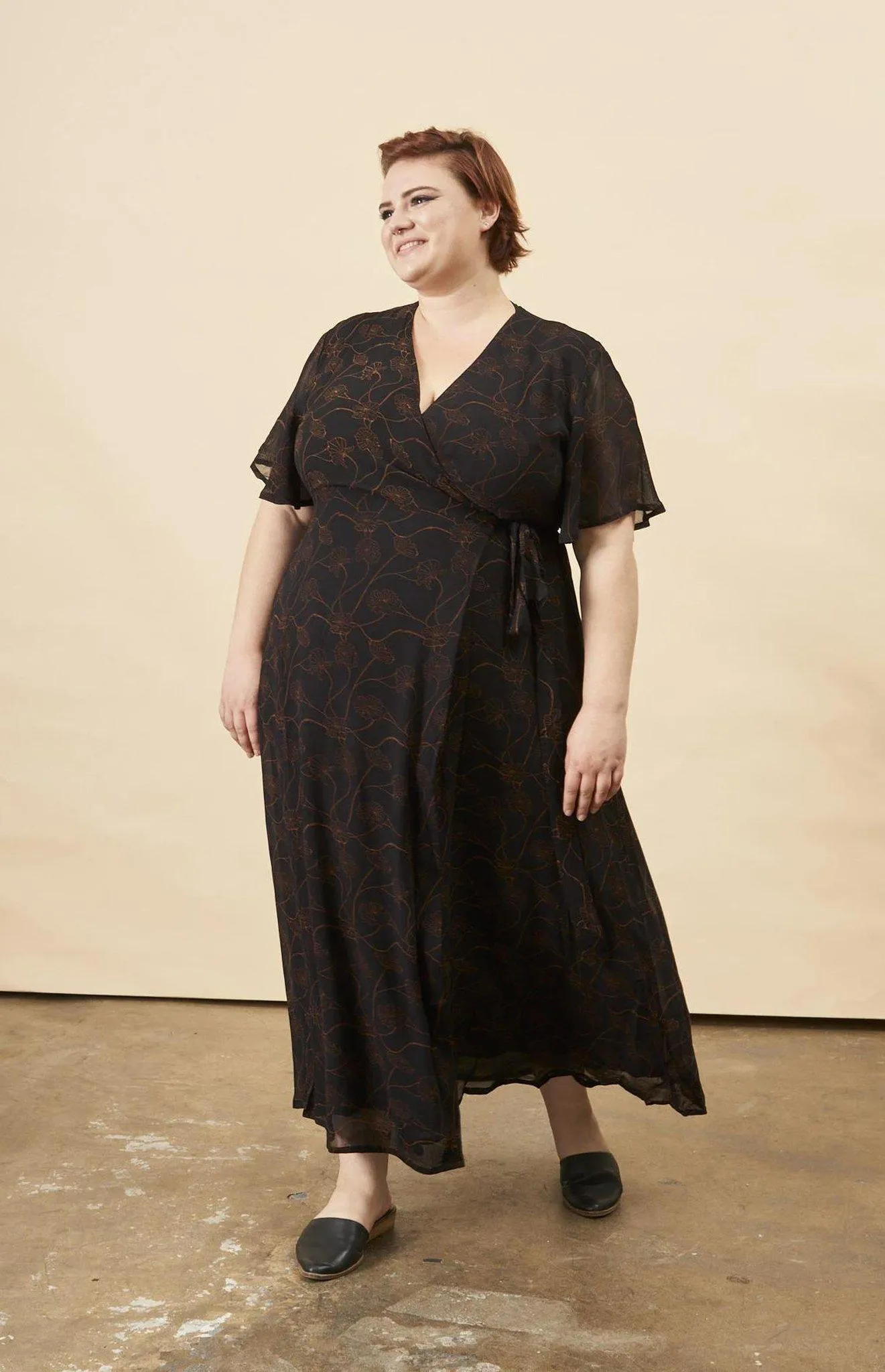 Poppy Flower Butterfly Sleeve Maxi Dress in Black   Copper