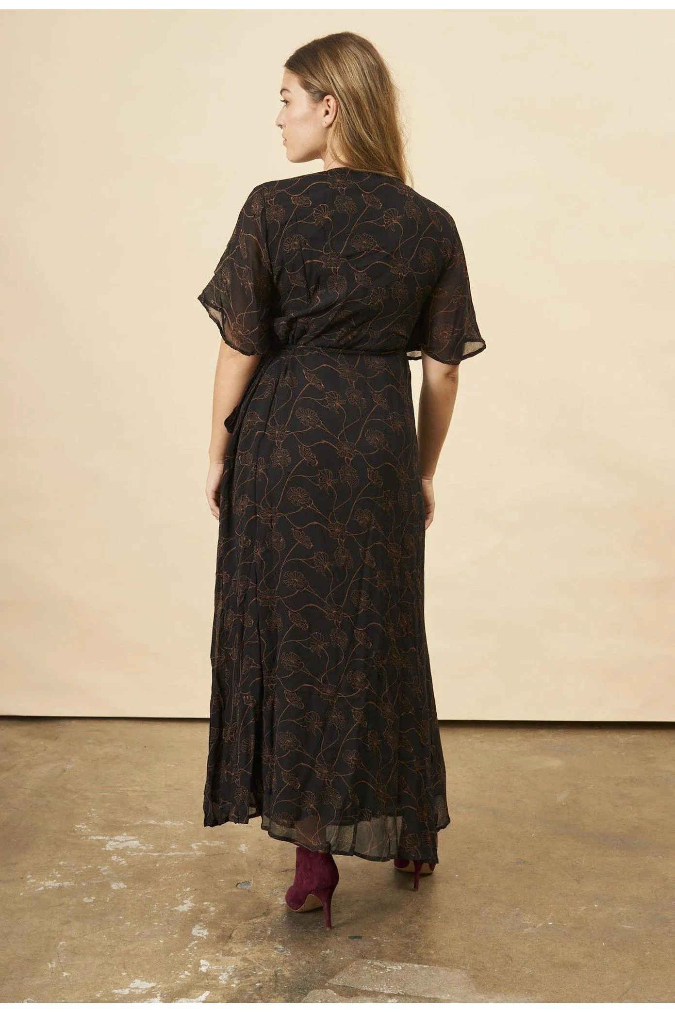 Poppy Flower Butterfly Sleeve Maxi Dress in Black   Copper