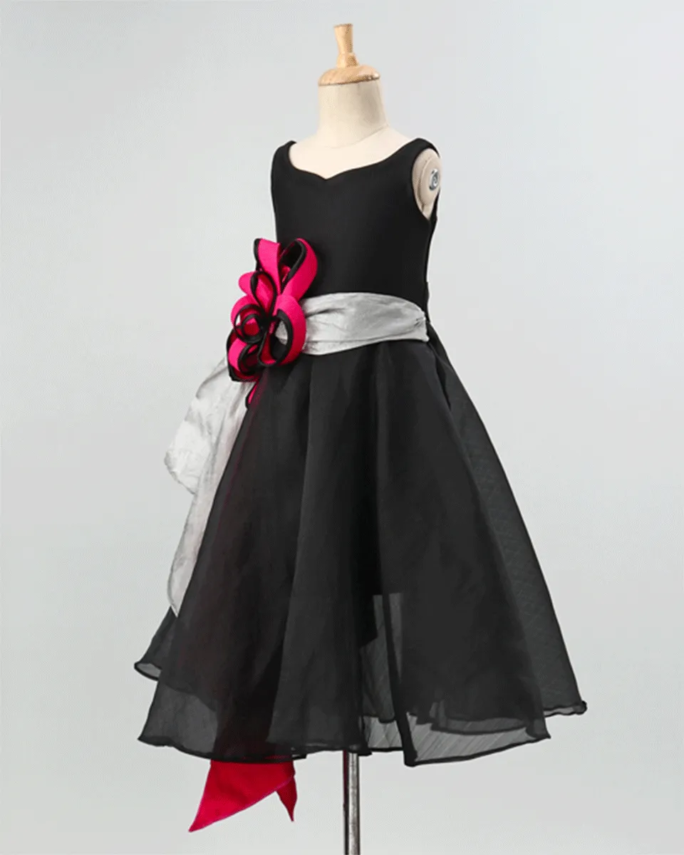 Pre-Order: Party Gown in Scuba with Organza & a drape flower -Black