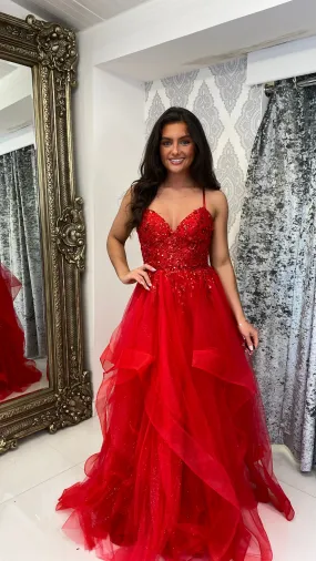 Red Tiered Skirt Corset Ball Gown