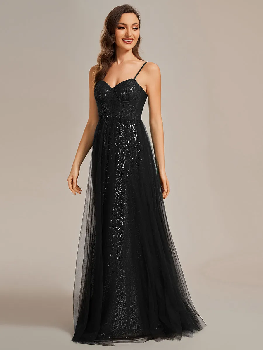 Robe de soirée trapèze à paillettes bretelles spaghetti sans manches avec couverture en tulle