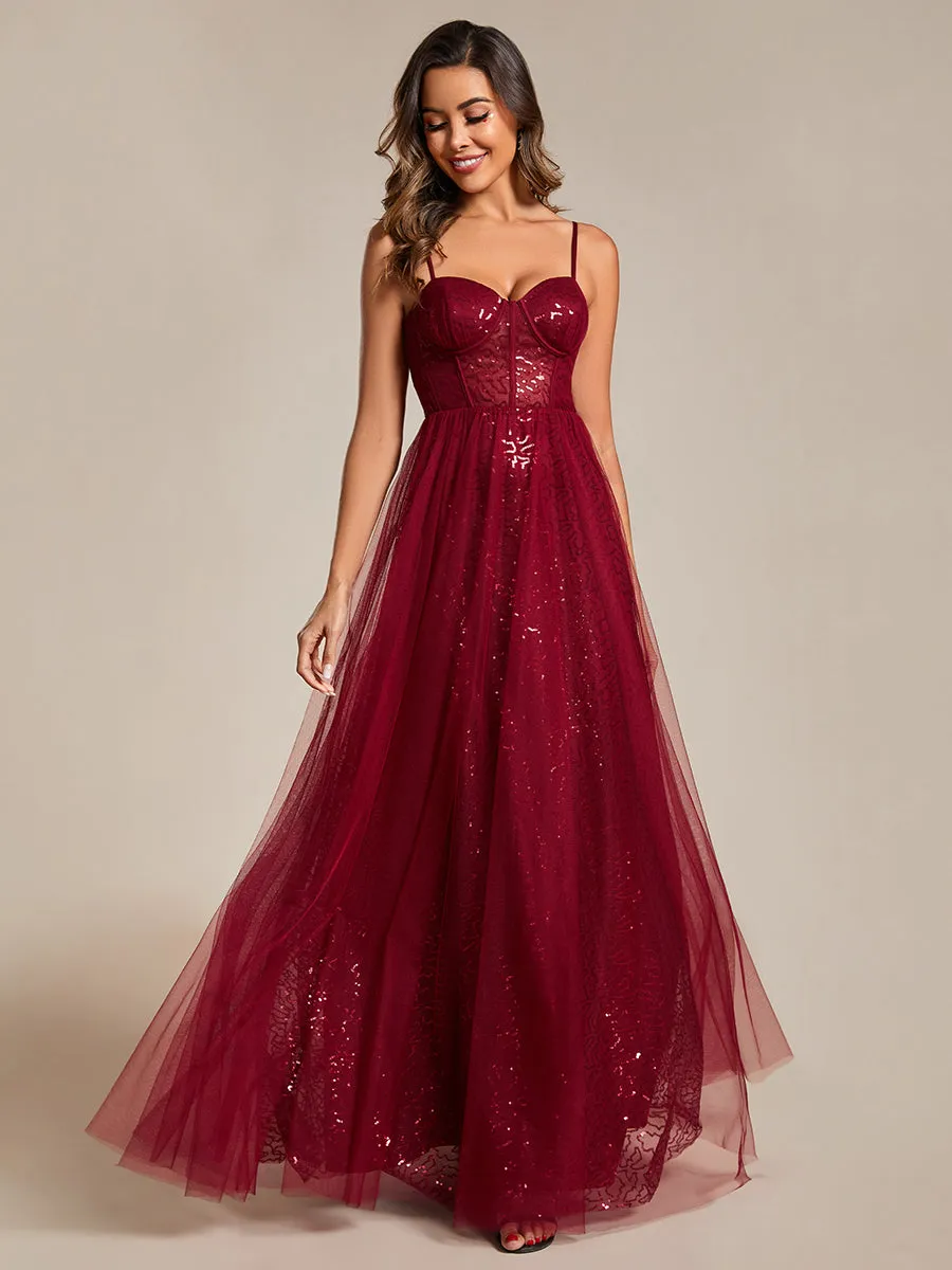 Robe de soirée trapèze à paillettes bretelles spaghetti sans manches avec couverture en tulle