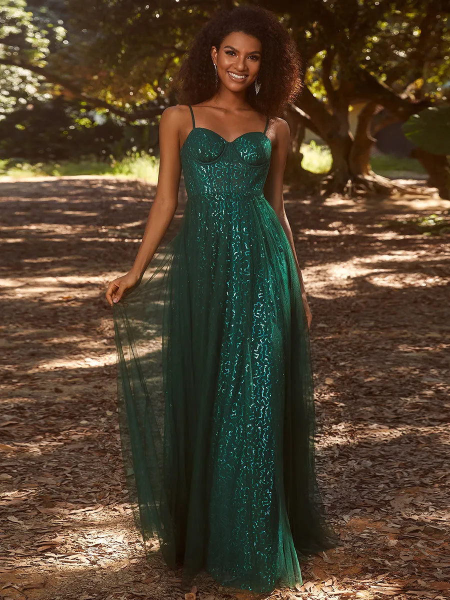 Robe de soirée trapèze à paillettes bretelles spaghetti sans manches avec couverture en tulle