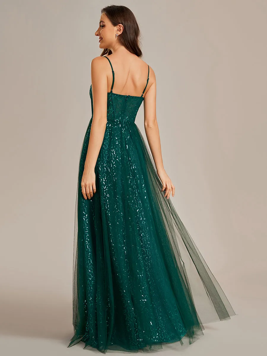 Robe de soirée trapèze à paillettes bretelles spaghetti sans manches avec couverture en tulle