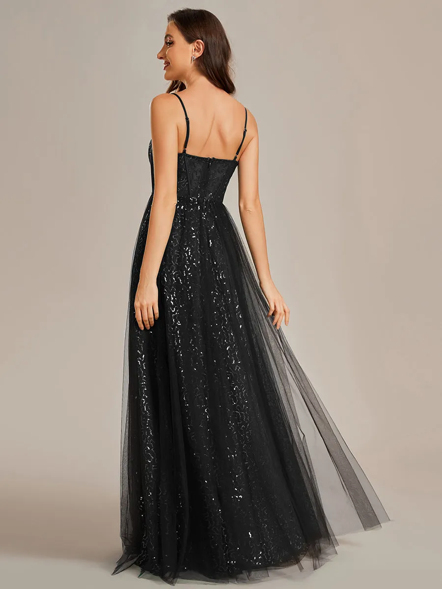 Robe de soirée trapèze à paillettes bretelles spaghetti sans manches avec couverture en tulle