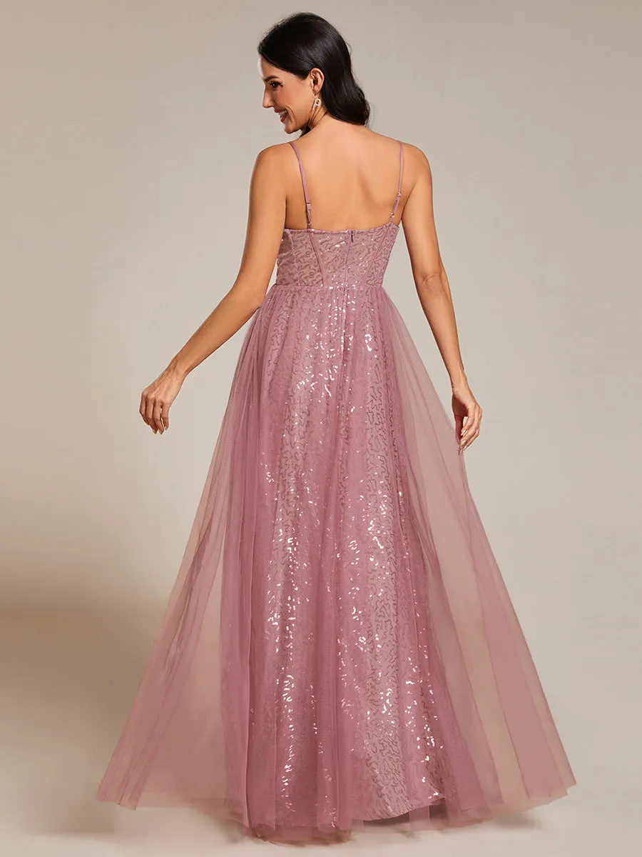 Robe de soirée trapèze à paillettes bretelles spaghetti sans manches avec couverture en tulle