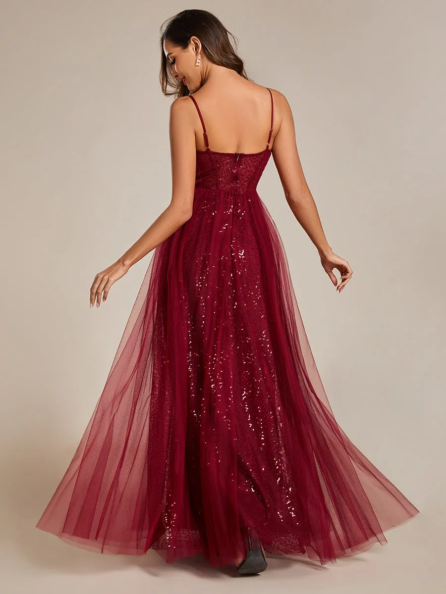 Robe de soirée trapèze à paillettes bretelles spaghetti sans manches avec couverture en tulle