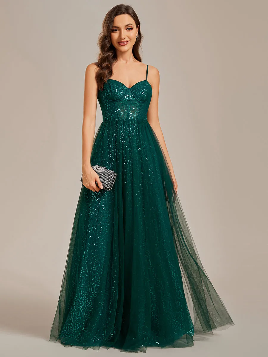 Robe de soirée trapèze à paillettes bretelles spaghetti sans manches avec couverture en tulle