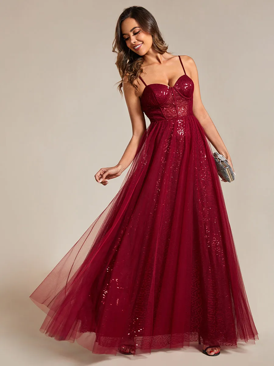 Robe de soirée trapèze à paillettes bretelles spaghetti sans manches avec couverture en tulle