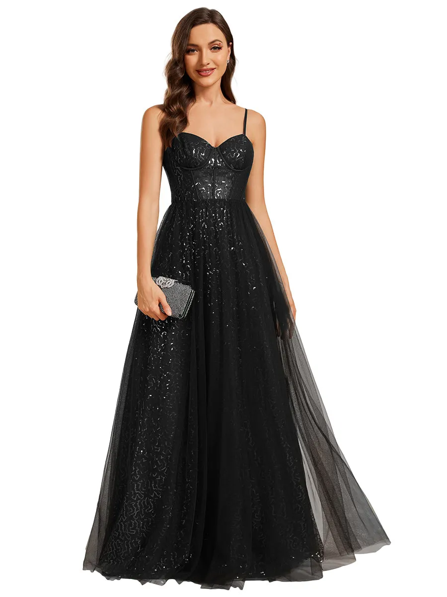 Robe de soirée trapèze à paillettes bretelles spaghetti sans manches avec couverture en tulle