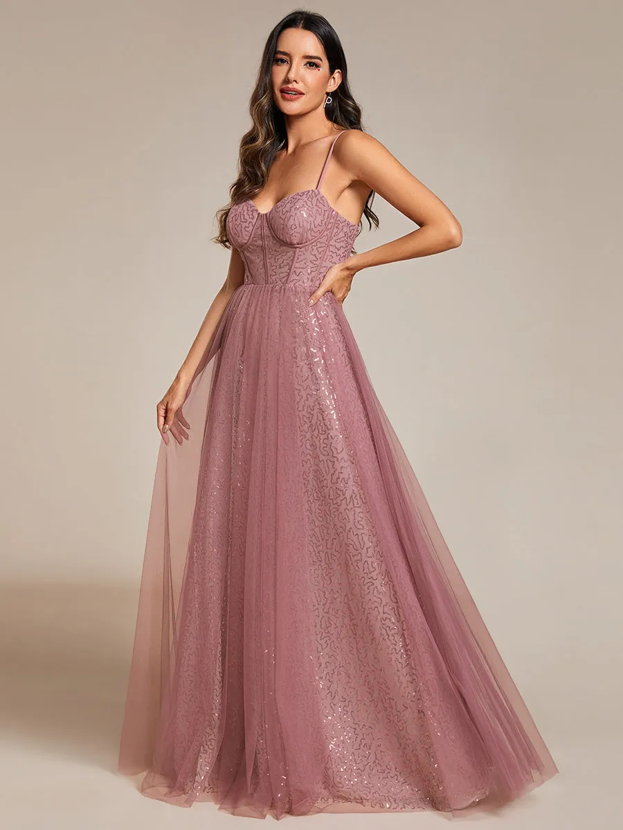 Robe de soirée trapèze à paillettes bretelles spaghetti sans manches avec couverture en tulle