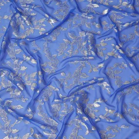 Royal Blue Silk Chiffon Fabric with Metallic Lurex Floral Design, 110 cm Width, South Korea-D19707