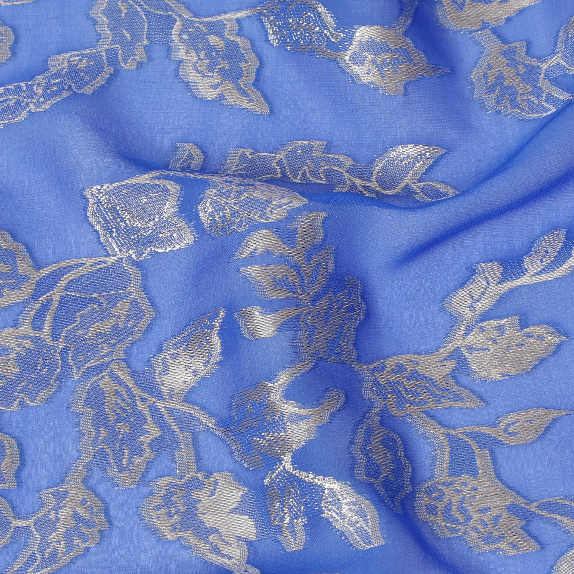 Royal Blue Silk Chiffon Fabric with Metallic Lurex Floral Design, 110 cm Width, South Korea-D19707