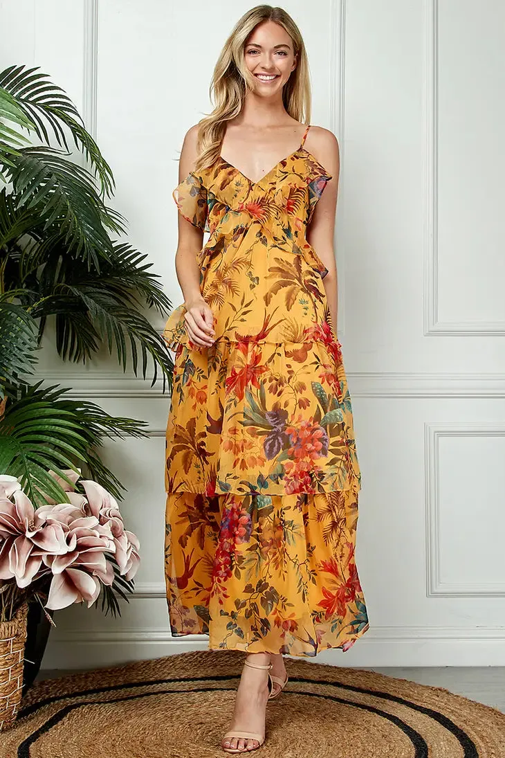 Ruffled Sunset Gold Maxi Chiffon Dress