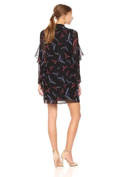 Sam Edelman High Neck Cutout Front Flutter Long Sleeve Zipper Back Bird Print Chiffon Dress