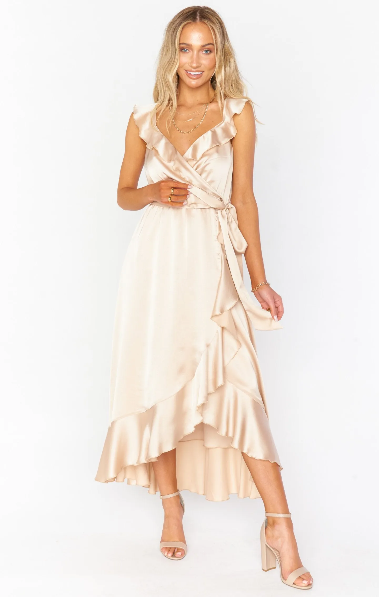 Samantha Ruffle Wrap Dress ~ Champagne Luxe Satin