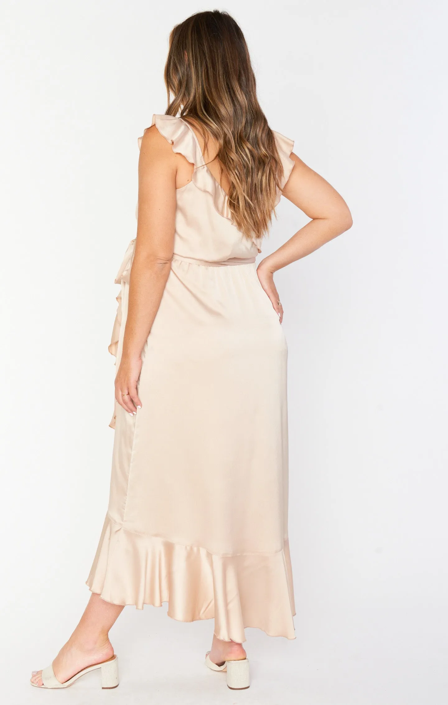 Samantha Ruffle Wrap Dress ~ Champagne Luxe Satin