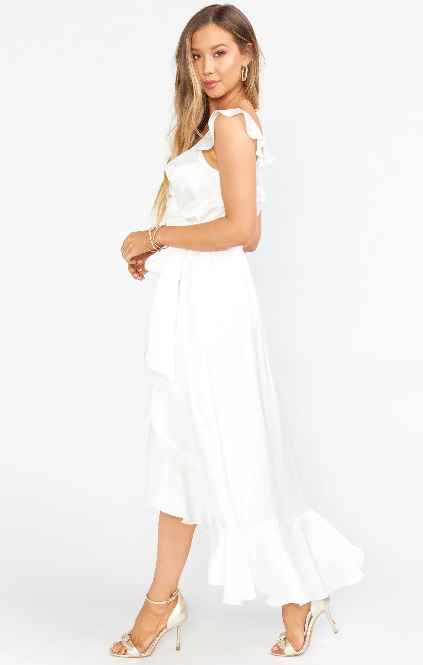 Samantha Ruffle Wrap Dress ~ Ivory Luxe Satin