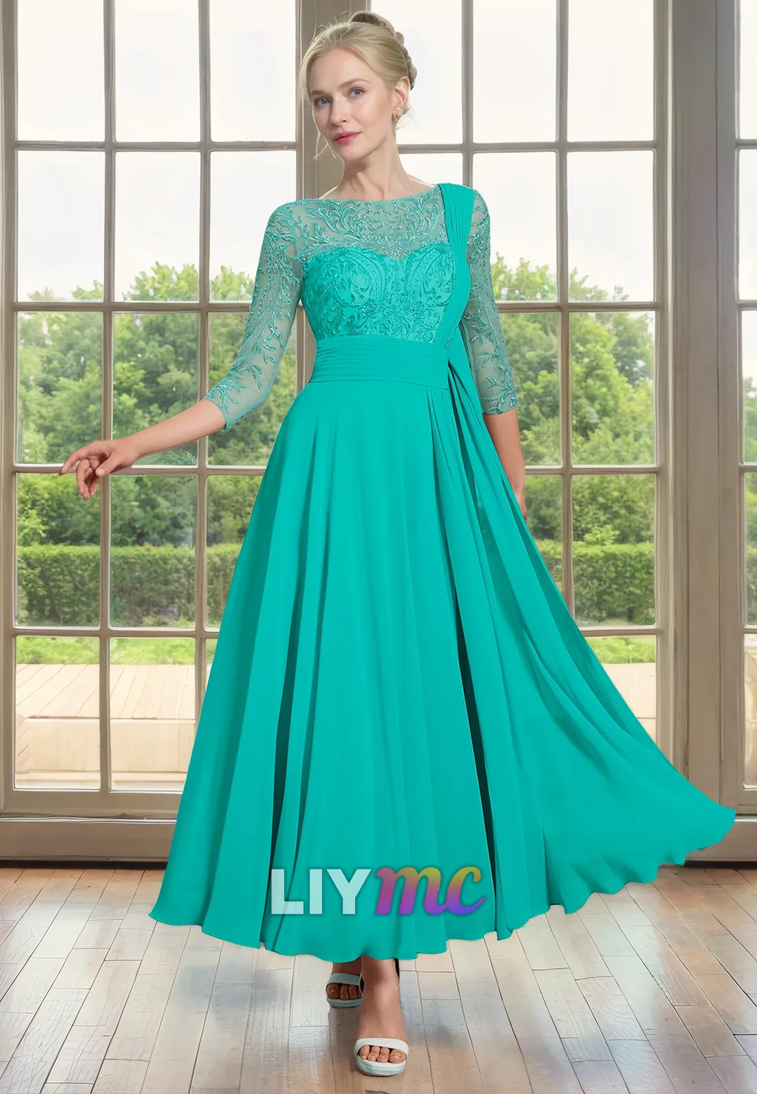 Scoop 34 Length Sleeves Appliques Chiffon Pleated A-Line Motherof Bride Dress Cocktail Dress