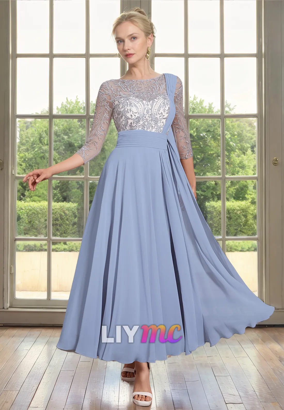 Scoop 34 Length Sleeves Appliques Chiffon Pleated A-Line Motherof Bride Dress Cocktail Dress