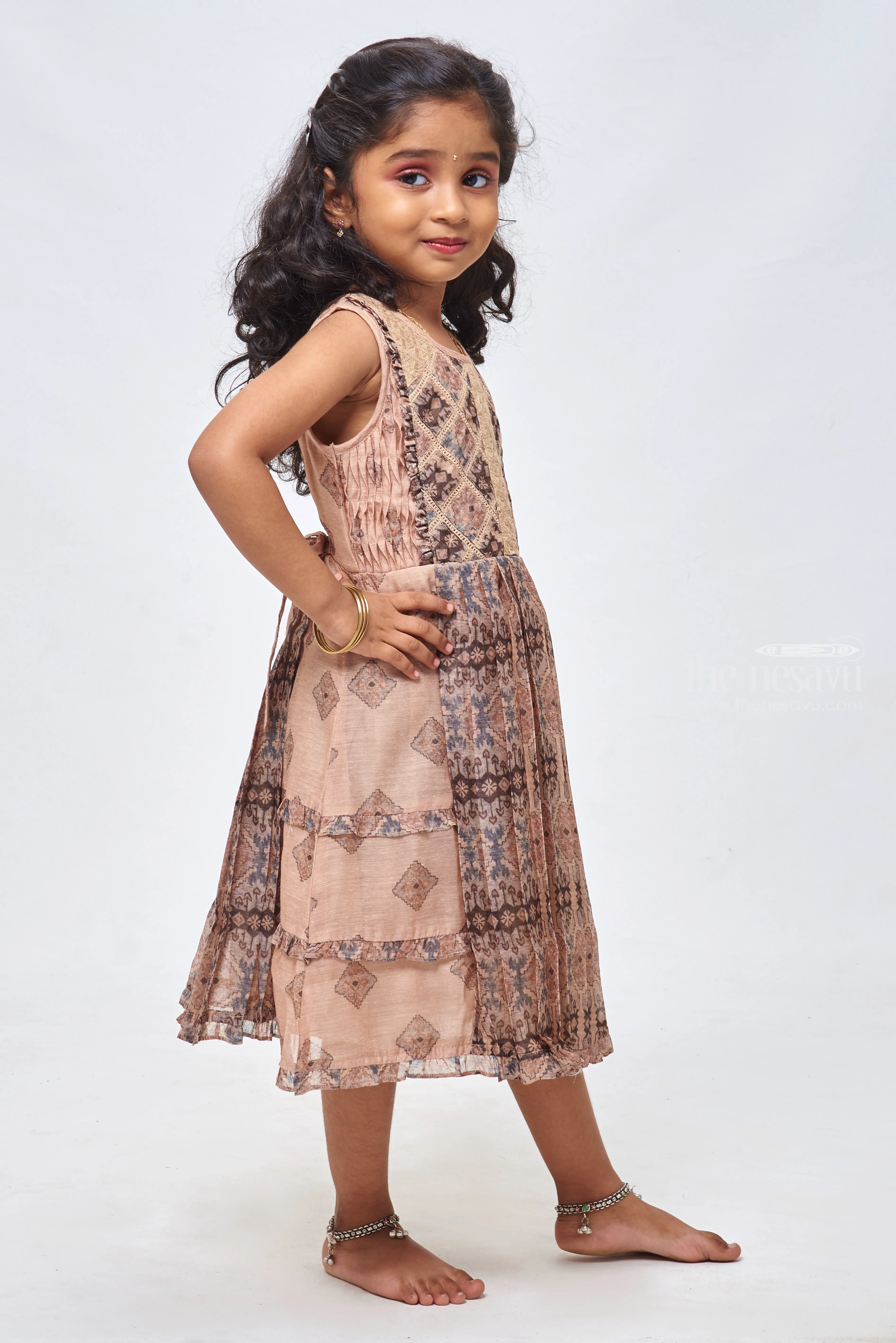 Sequin Embellished Beige Charm: Girls Cotton Frock