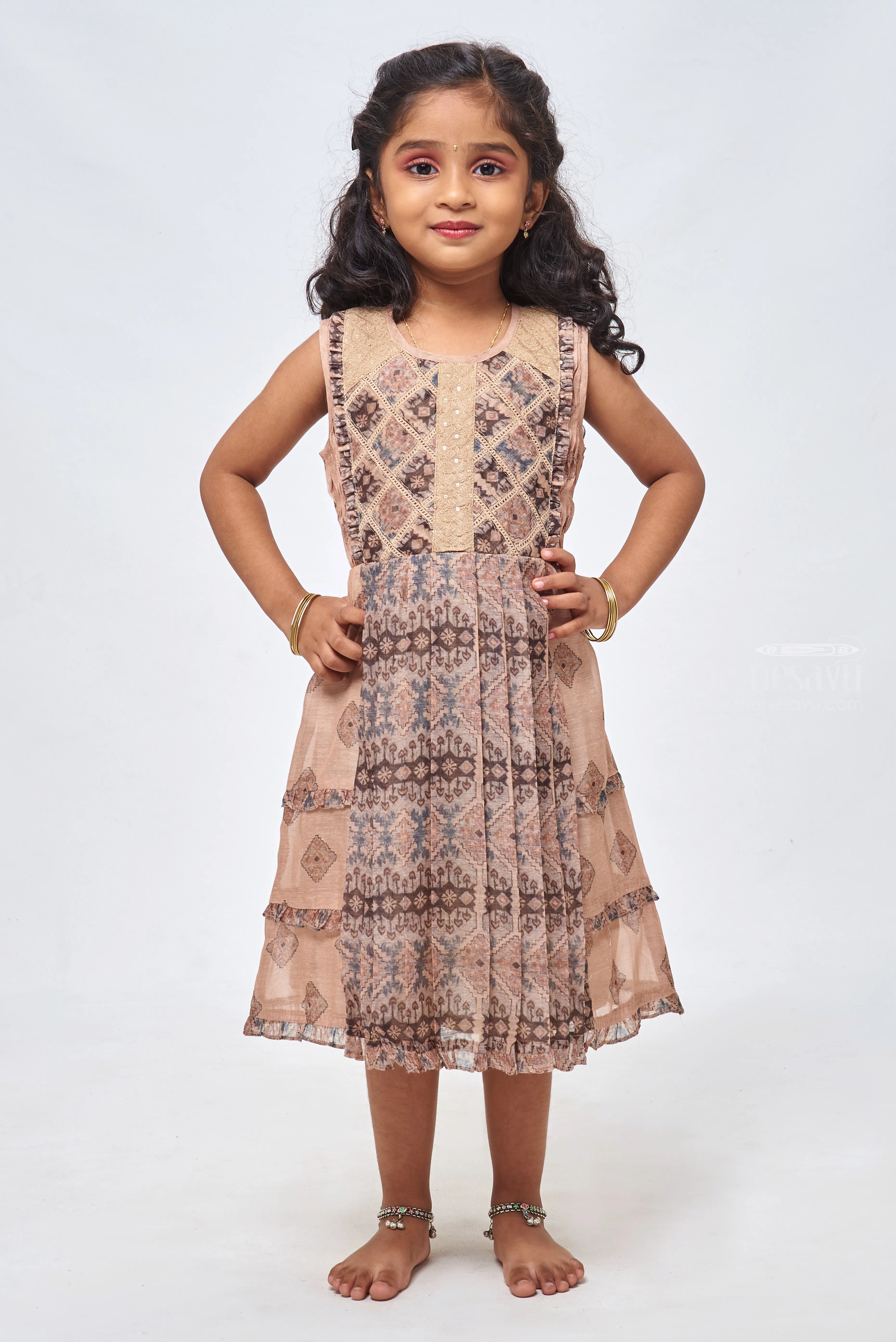 Sequin Embellished Beige Charm: Girls Cotton Frock