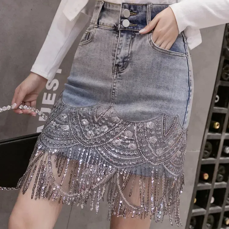 Sequins Patchwork Embroidery Fringe Mini Denim Skirt