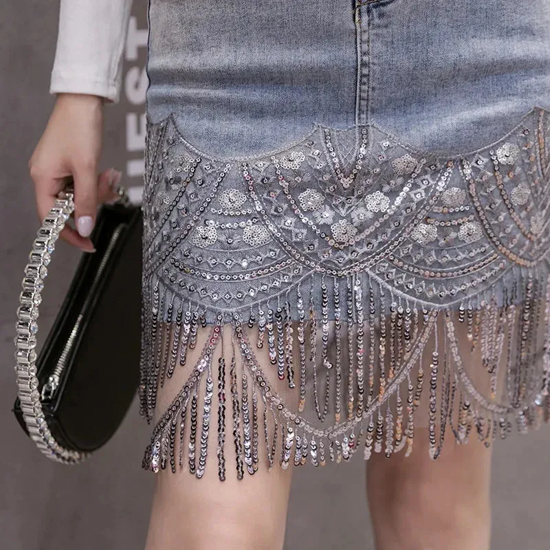 Sequins Patchwork Embroidery Fringe Mini Denim Skirt