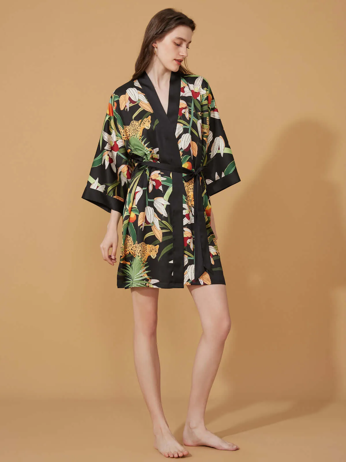 Short Kimono Robe Black Leopard