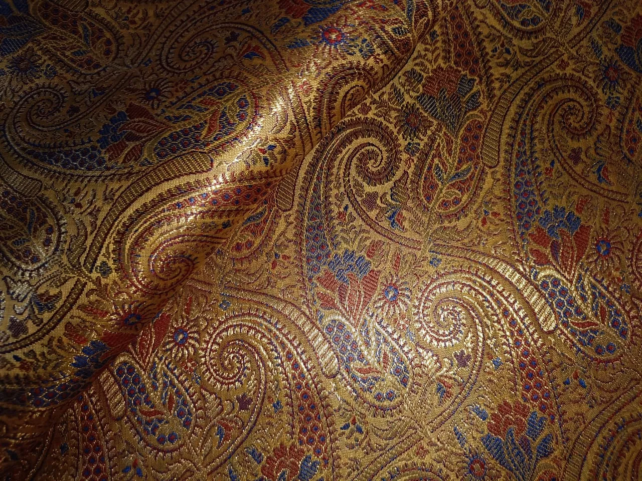 Silk Brocade fabric Gold with metallic gold blue and burgundy paisley jacquard COLOR 44" WIDE BRO898[1]