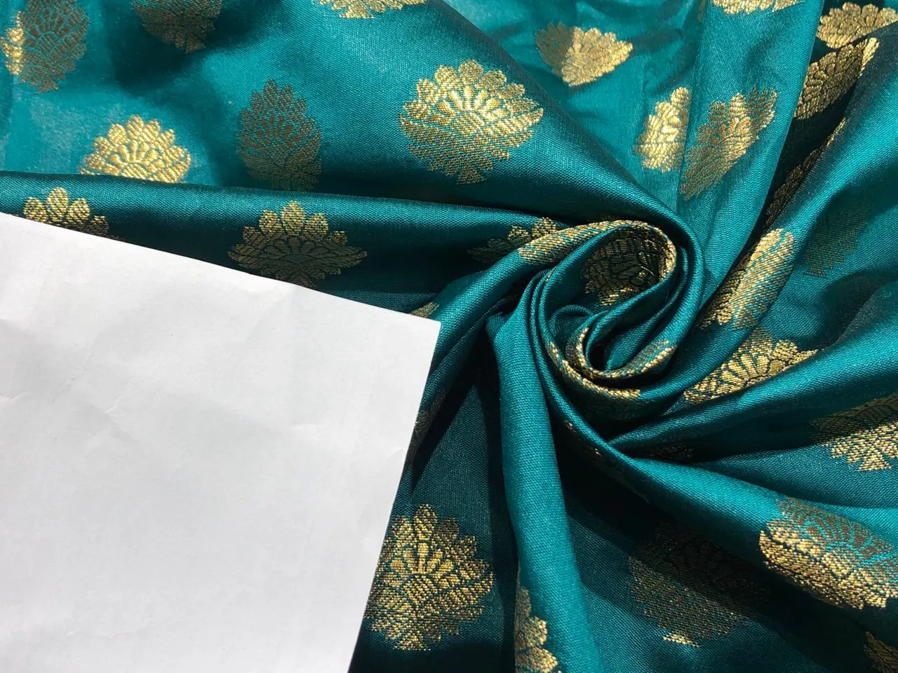 Silk Brocade fabric with Metallic gold motif Jacquard  44" wide  available in 5 colors DARK BOTTLE GREEN/ GREEN/ GOLDEN BEIGE BLUE and KINGFISHER BLUE BRO928